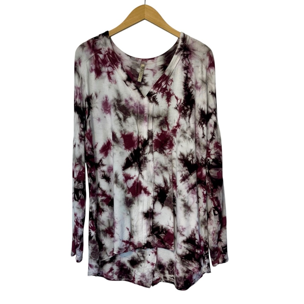 XCVI Blouse Womans Sz LG Purple Tie Dye Dolman Sleeve‎ V Neck Button Down Back